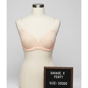 Savage X Fenty 32DDD Bra Sheer Peach Pastel Orange Unlined Lace Underwire